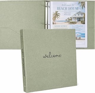 Welcome Binder for Short Term Rentals –Green Linen Fabric 3 Ring Folder for Airbnb, Vacation Home, House Manual & Guest Information - Letter Size