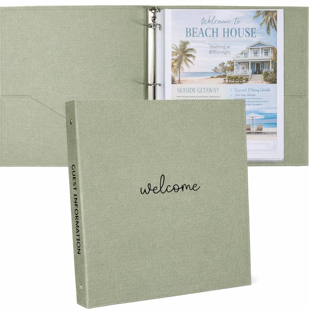 Paper 'n Such Welcome Binder for Short Term Rentals –Green Linen Fabric 3 Ring Folder for Airbnb, Vacation Home, House Manual & Guest Information - Letter Size