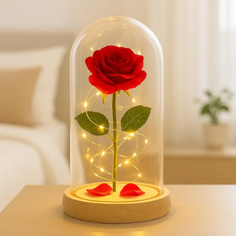Redoma de Vidro com Rosa Encantada, Cúpula Decorativa LED, 20 cm, Vermelha, Inspirada na Bela e a Fera, para Presente e Decoração
