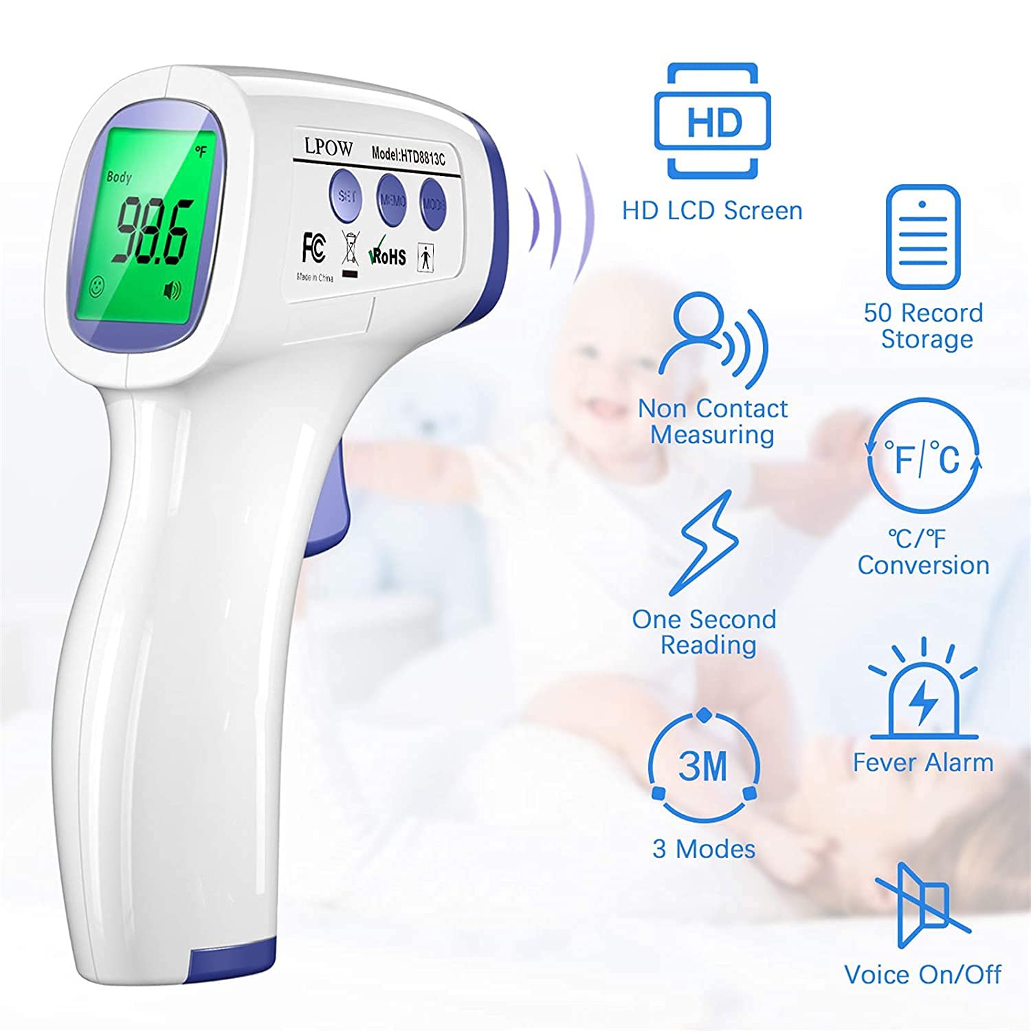 DR VAKU 3in1 Combo Fingertips Pulse Oximeter with Four Color TFT Display FDA Approved Blood Pressure Monitor | 1x Non-Contact LCD Display Infrared Digital Forehead Thermometer | Blue & White 2