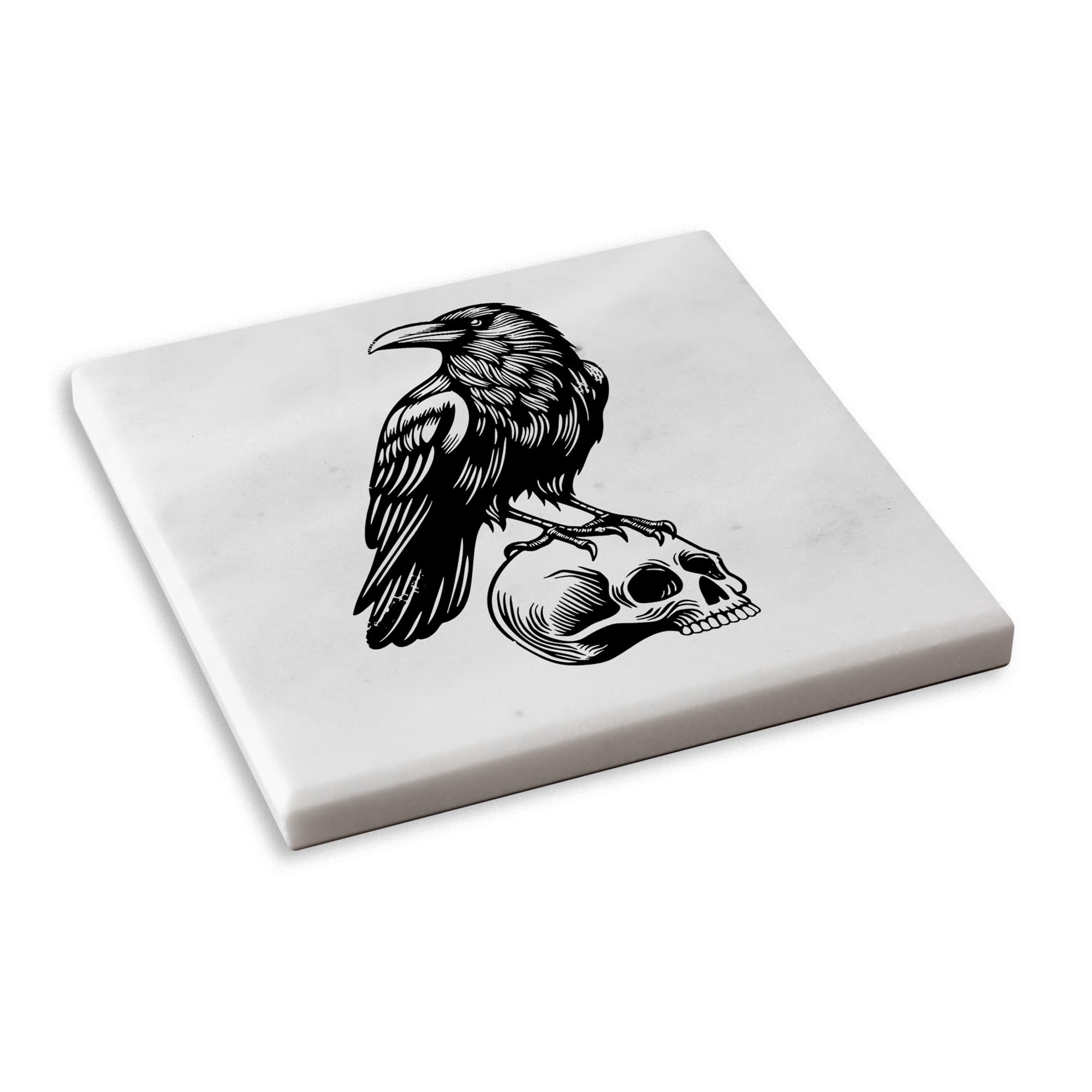 Crow Skull Marble Coaster Spooky Decor for Halloween Horror Aesthetic Gift Idea (Grey)