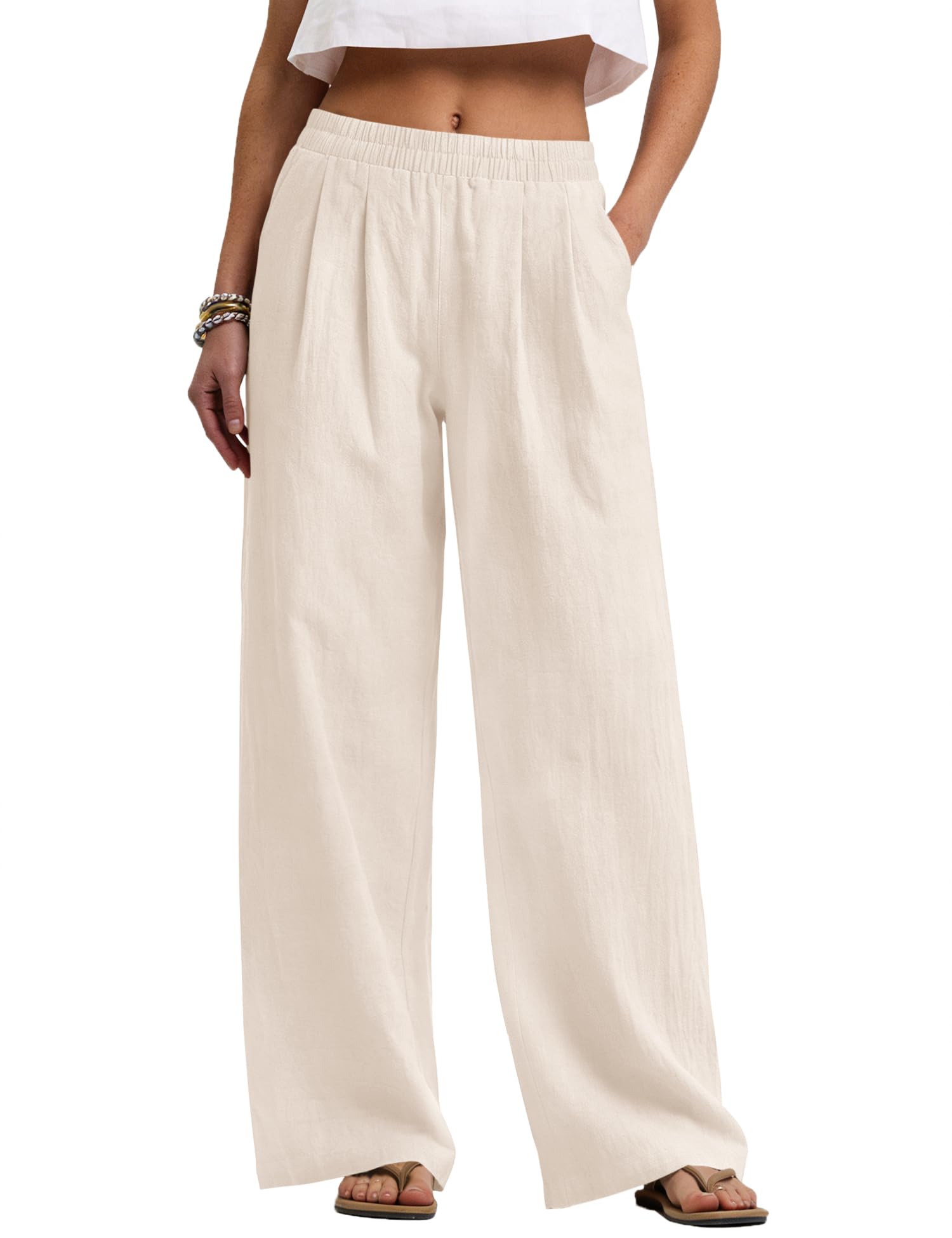 Rapbin Leinenhose Damen Weites Bein Sommer Elastischer Bund Casual Palazzo | Atmungsaktiver Stoff, Tiefe Taschen, Elastischer Bund für Ganztägigen Komfort, Pflegeleicht, Vielseitig für Strand und Büro