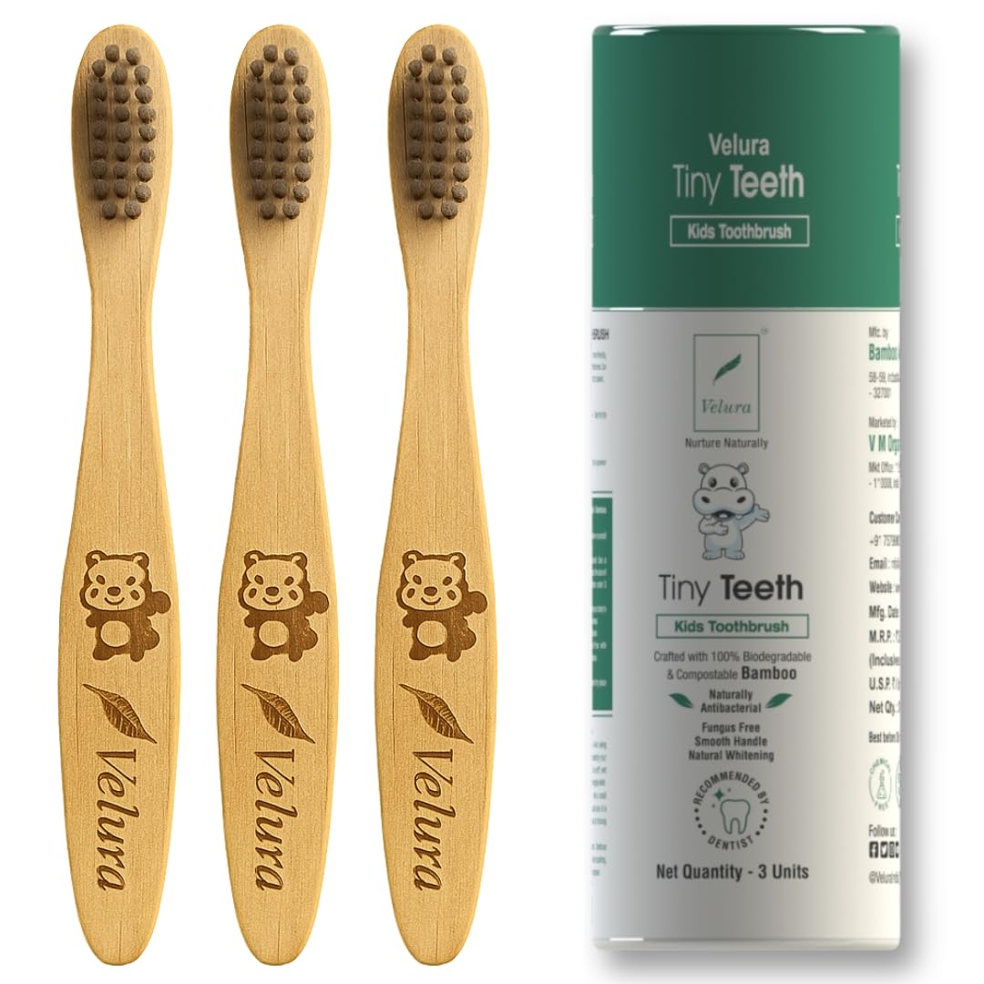 Velura Kid's Toothbrush Pack of 3-Tiny Teeth | for Healthy Gums & Teeth | Baby's Oral Care with 100% biodegradable and compostable bamboo handle and bristles |Dentist trusted.-image-49