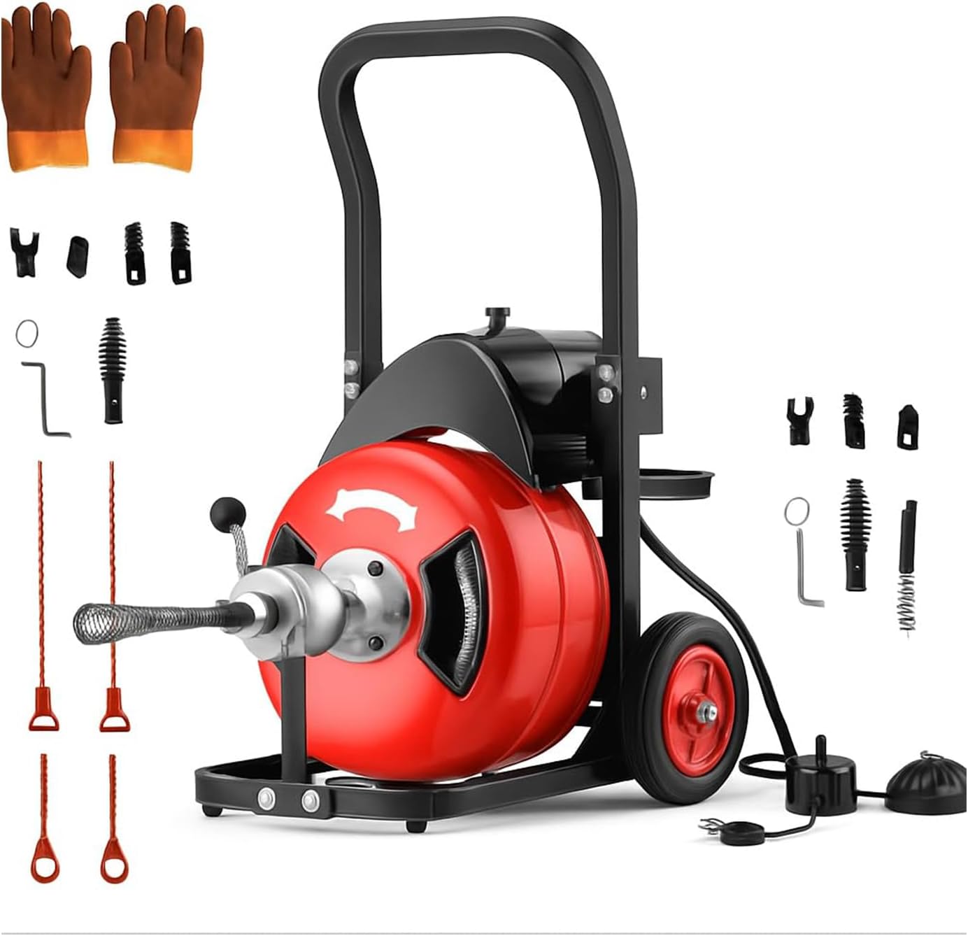 50ft Drain Cleaner Machine, 1/2 Inch Portable Drain Auger with Wheels, 450w Electric Sewer Auger, Auto-Feed Drain Snake with 4 Cutters for Sink, Toilet, Floor Drain