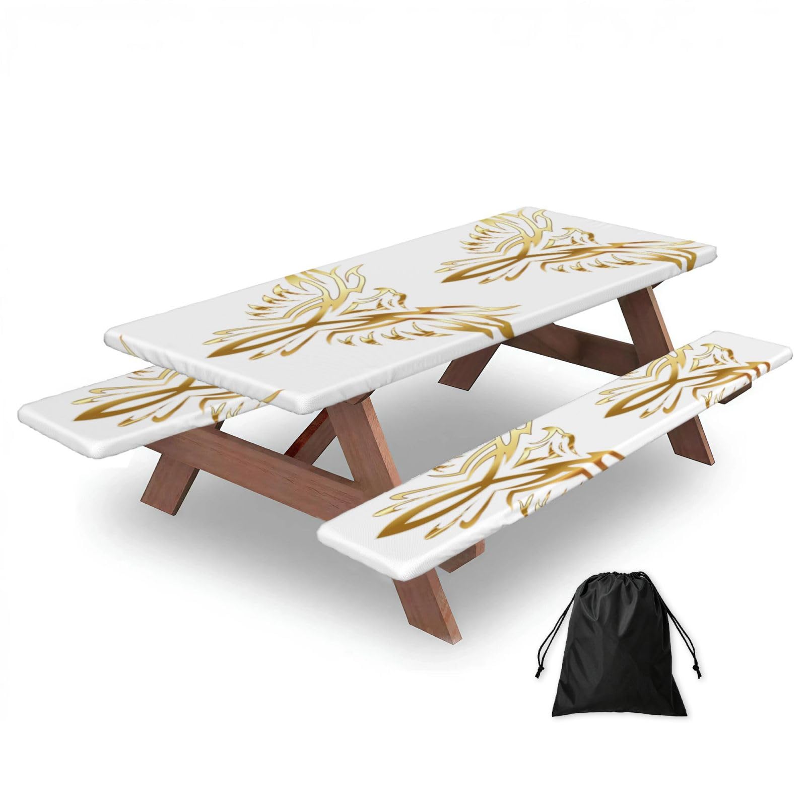 Zyjhyy Black Phoenix Print Party Table Covers With Bench Covers Set Of 3 Picnic Table Cloth Wipe Clean For Garden Camping