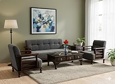 DaneWood Wooden 5 Seater Sofa Set - 3+1+1for Living RoomDrawing RoomOffice & Lounge | Solid Sheesham WoodFabric (Brown)