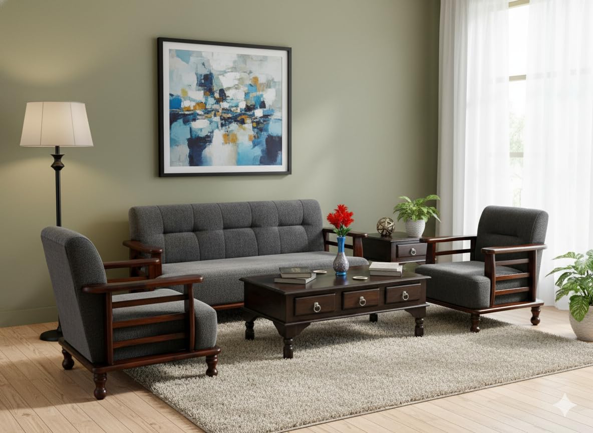 Wooden 5 Seater Sofa Set - 3+1+1, for Living Room, Drawing Room, Office & Lounge | Solid Sheesham Wood, Fabric (Brown)