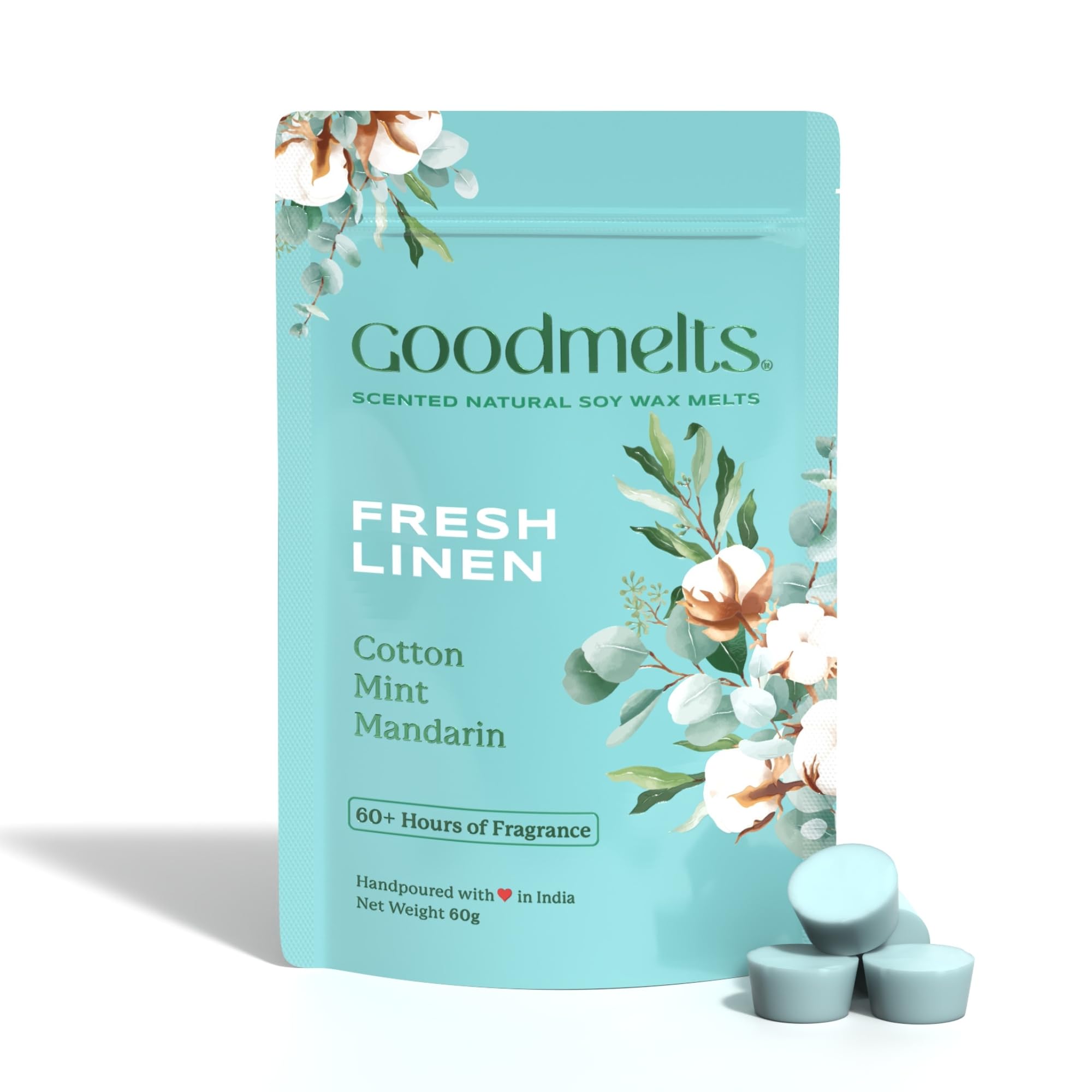 Fresh Linen Scented Wax Melts | Cotton, Mint & Mandarin Fragrance | Natural Soy Wax, | 160–200 Hrs Scent Time – Safe, Smoke-Free- 60g-image-1