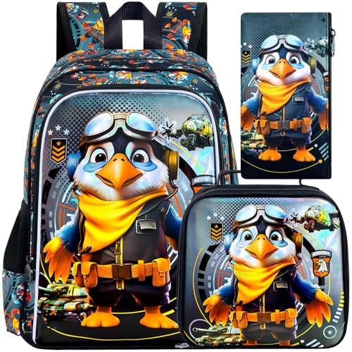 ZLYERT 3Pcs Boys Backpack, 16' Eagle Bookbag for Elementary Preschool Kindergarten, Kids School Backpacks with Lunch Box(Black)