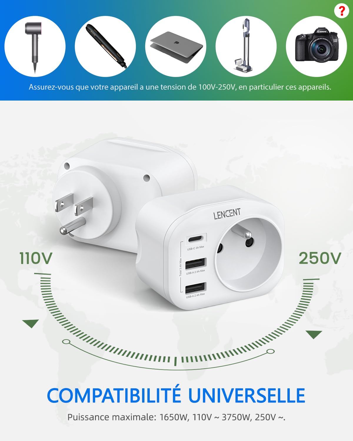 LENCENT Adaptateur Prise USA Américaine Canada Mexique Thaïlande Adaptateur de Voyage 2 Ports USB et 1 Port USB-C adapté aux États-Unis, Adaptateur électrique Mâle USA/Femelle France, Type B