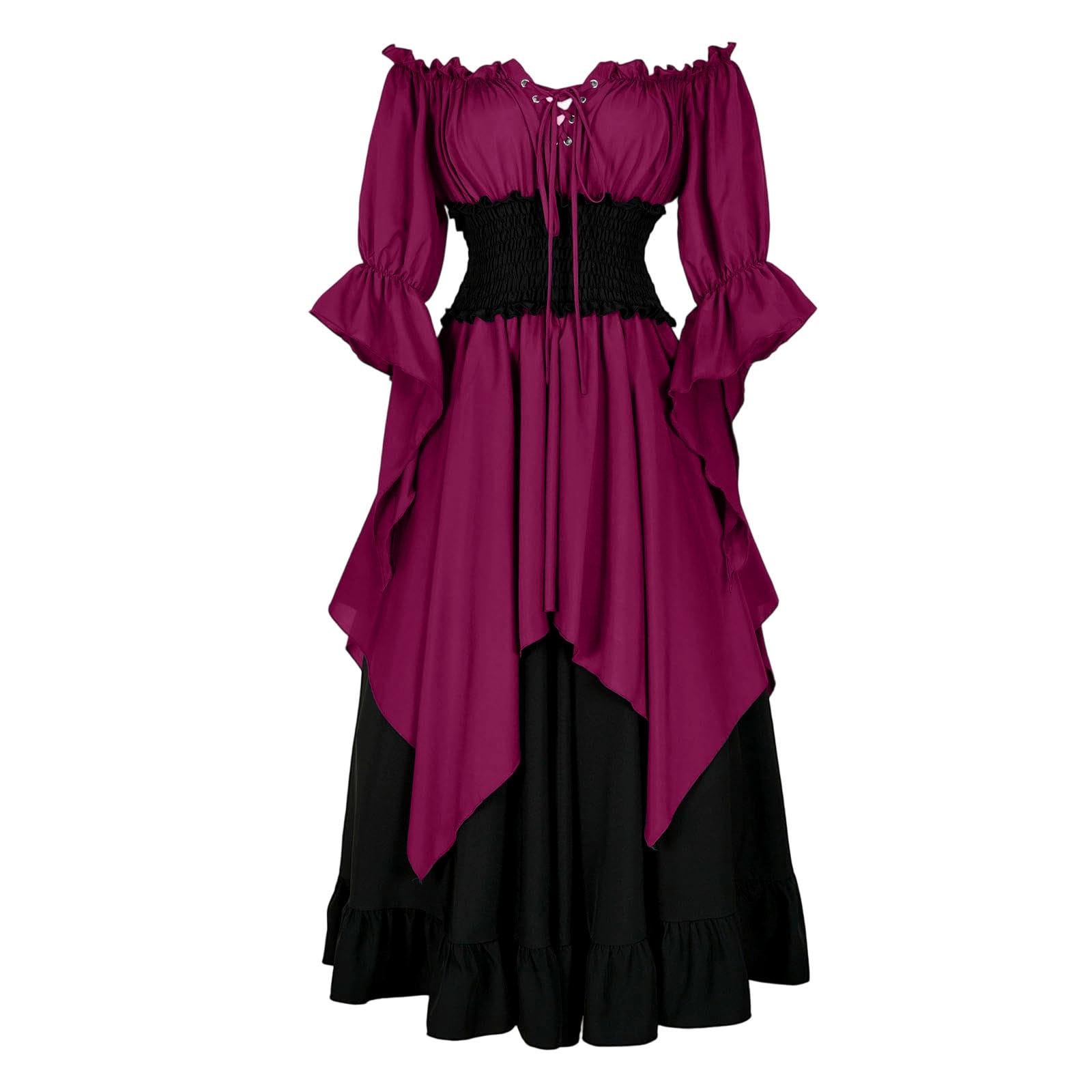Pirate Costume Women Renaissance Dress Medieval Costume Long Sleeve Victorian Dresses Ladies Halloween Costumes,Red,L