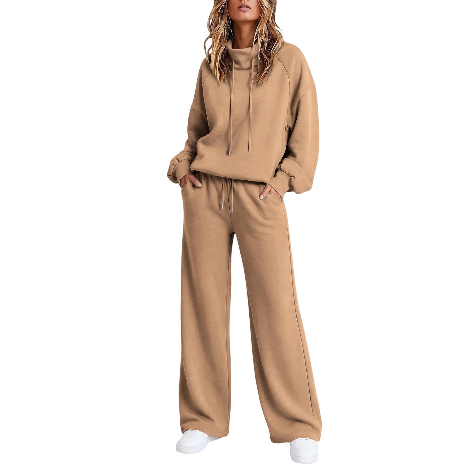 Conjunto de chándal para mujer, para otoño, invierno, gimnasio, entrenamiento, ropa de descanso, cuello alto, sudadera de gran tamaño, pierna ancha, conjunto deportivo de 2 piezas, conjunto deportivo