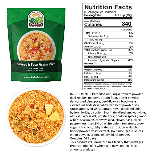Image of Valley Food Storage Sweet & Sour Asian Rice | 10-Bag Bucket, 50 Servings | Gluten Free Premium Emergency Food Supply, 25 Year Shelf Life | Survival Meal Kits, Prepper Food & Off-Grid Living Supplies
