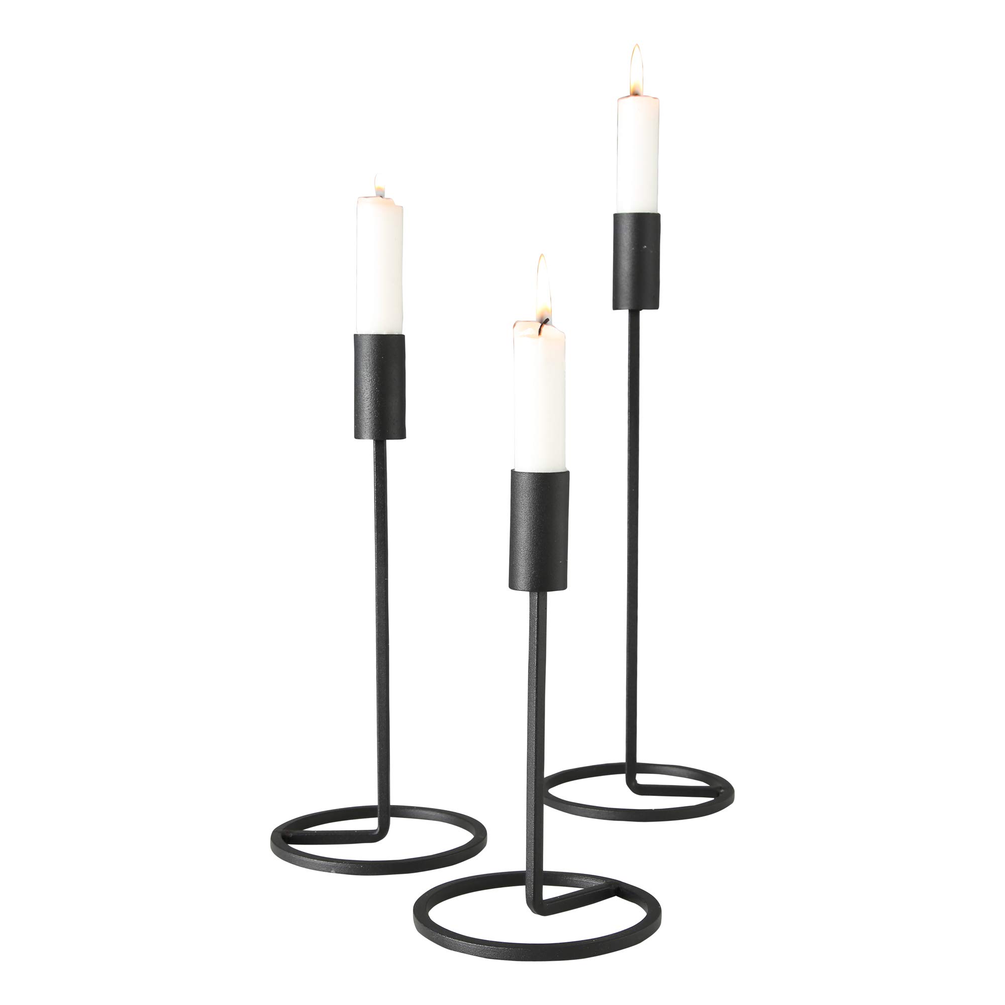 WHW Whole House WorldsCylinder Top Taper Candle Holders, Set of 3, Artisan Crafted, Finished in Black, Hand Rubbed Iron, 12.5, 10.25, and 7.75 Inches Tall
