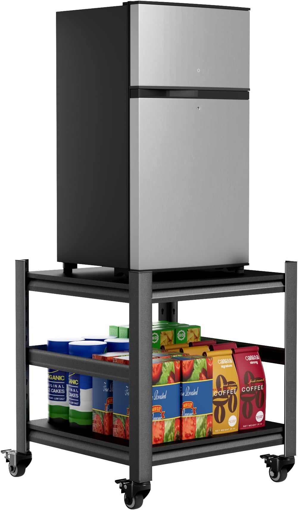 Mini Fridge Stand With Storage, Heavy Duty Mobile Shelf With 4 Lockable Wheels, 220lbs Table for Dorm, Small Refrigerator Storage Cart, Black