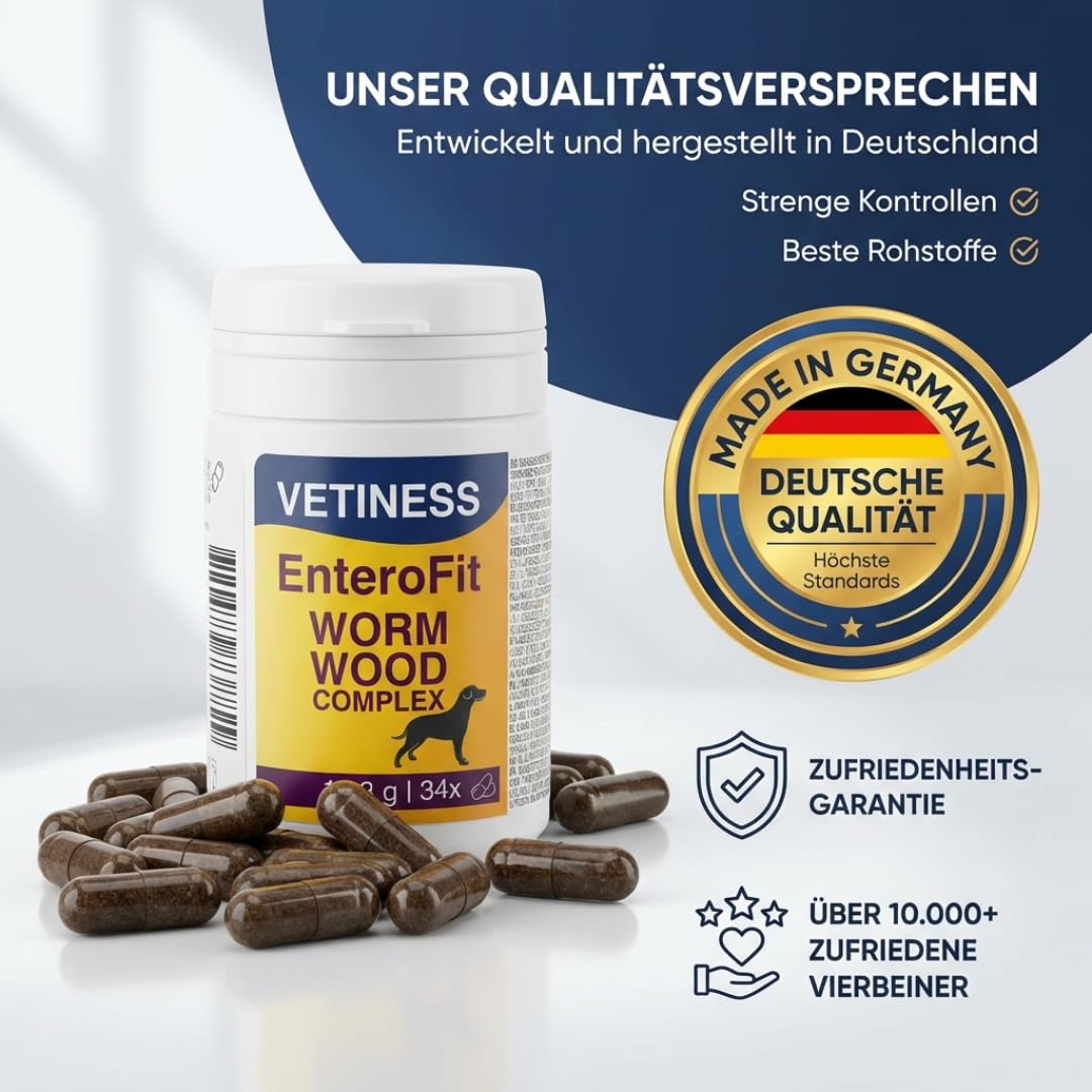 EnteroFit - Complejo de gusanos para perros – antigusanos secundarios – 34 cápsulas de ajenjo – alimento complementario para un ambiente intestinal antigusano – segrega las pastillas para
