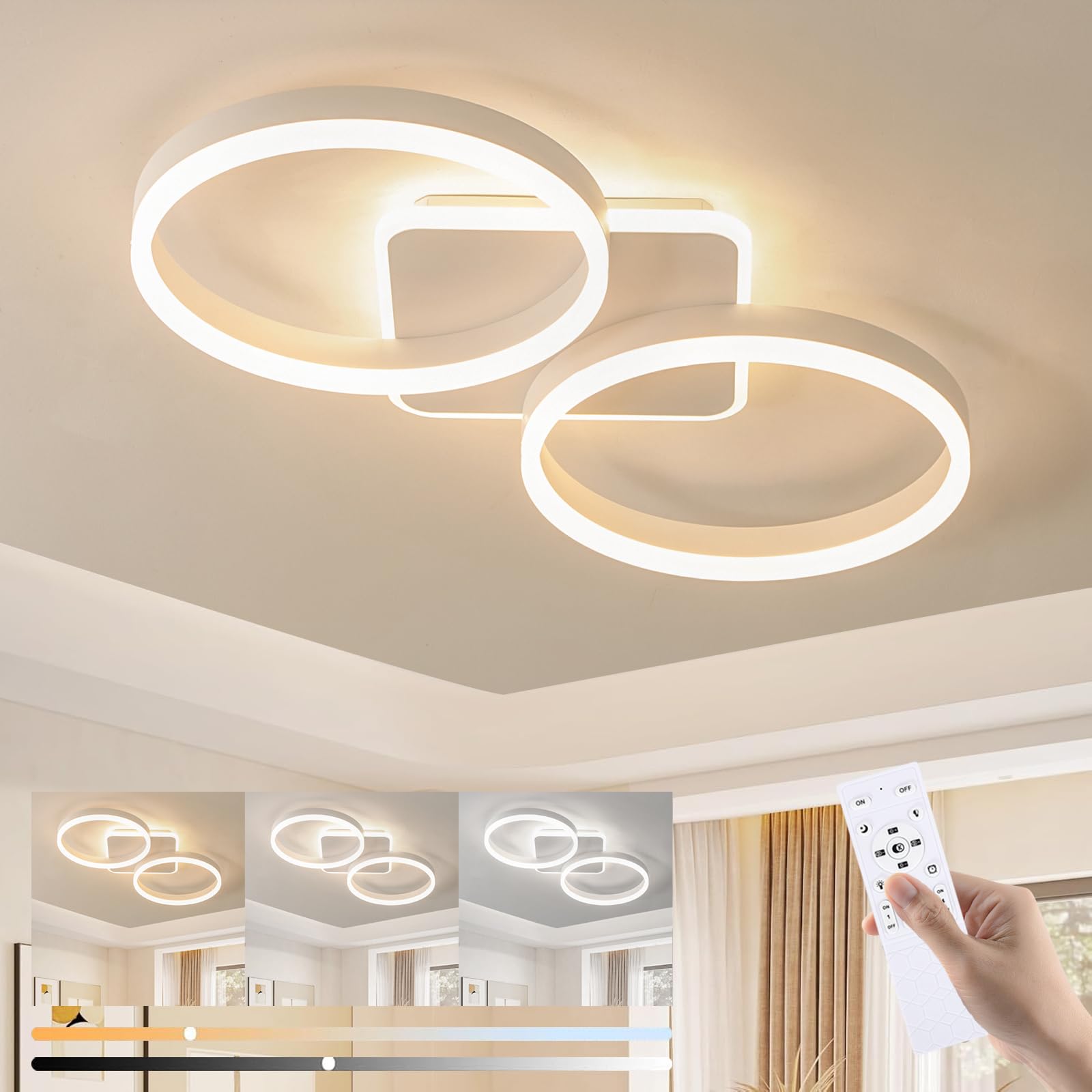 LED Deckenleuchte Dimmbar Wohnzimmer mit Fernbedienung APP, 42W Schlafzimmer Deckenlampe mit Nachtlicht Memory-Funktion, 65cm Modern 2-Ring Design Deckenbeleuchtung für Küche, Büro, Esszimmer, Weiß