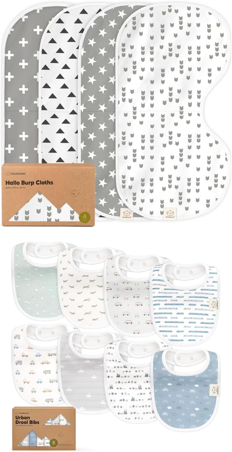 KeaBabies 4-Pack Baby Burp Cloths for Girl, Boy and 8-Pack Baby Bibs for Girls & Boys - Cotton Burp Cloth Extra Large - Teething Bibs for Infant, Toddlers
