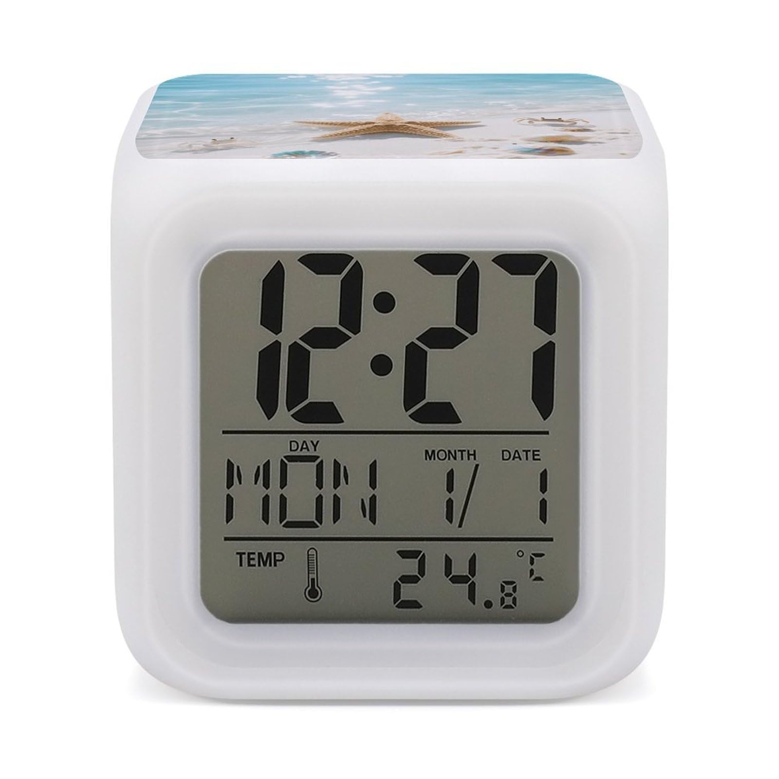 VstaDank Starfish Blue Ocean Alarm Clock with Date Temperature Large LED Display Number Clocks with 7 Colors Changing Desk Clock Battery Operated Digital Clocks with Date for Heavy Sleepers