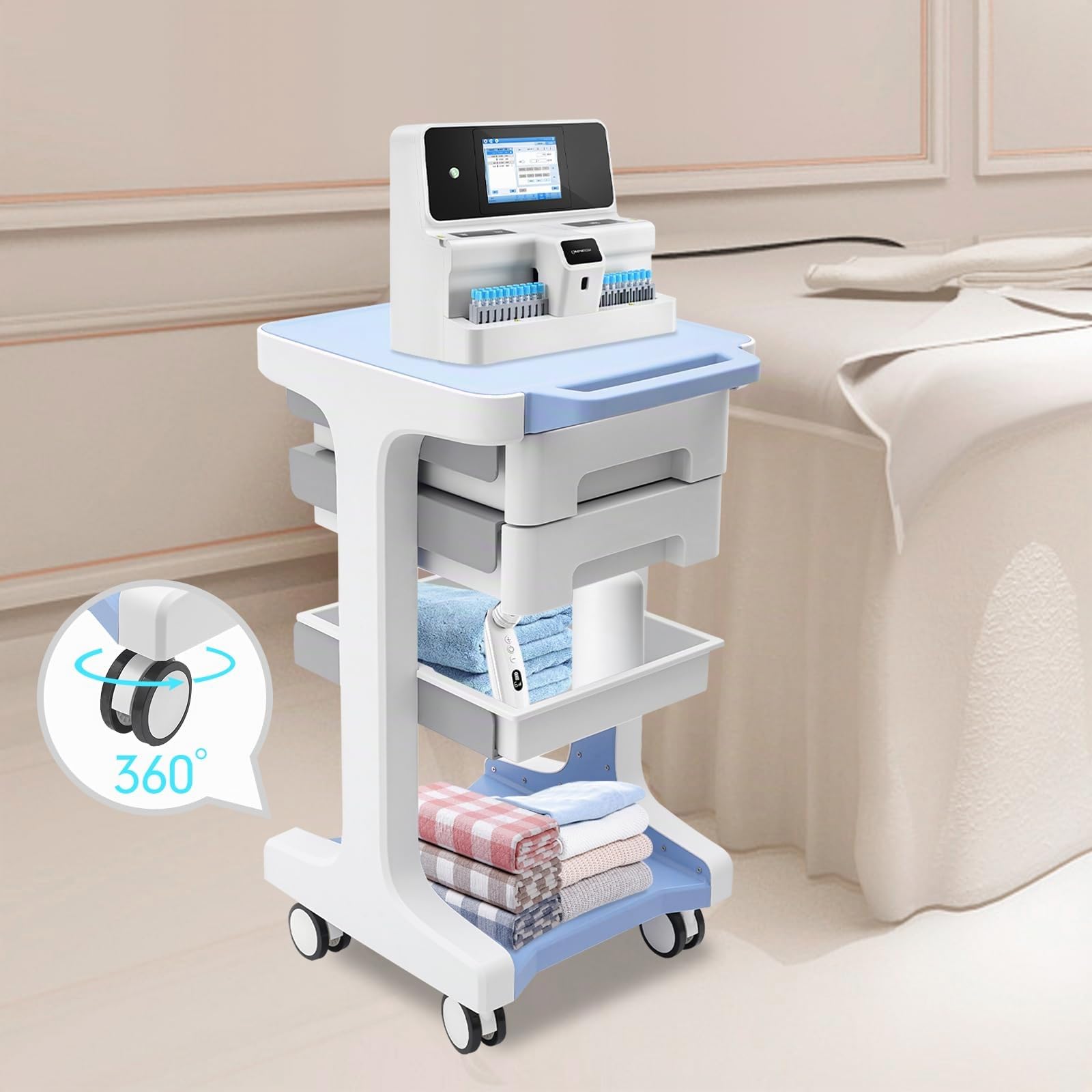 Chariot médical portable DCSYOG - 3 étages ouverts, 2 tiroirs spacieux - Roues universelles avec freins - Charge maximale : 50 kg - Bleu et Blanc - Plastique - Pour intérieur