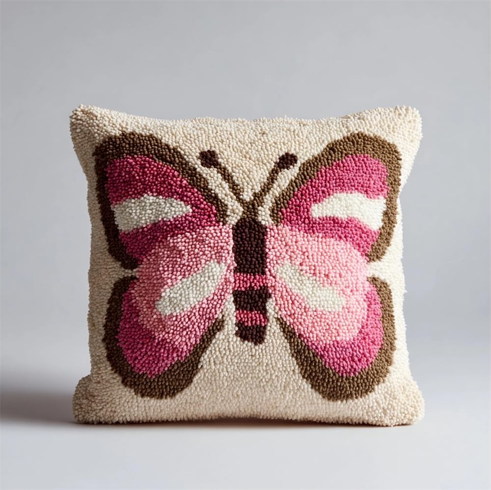 FWRTYCB Latch Hook Pillow Case Kits,Pink Butterfly Latch Hook Kits Cushion