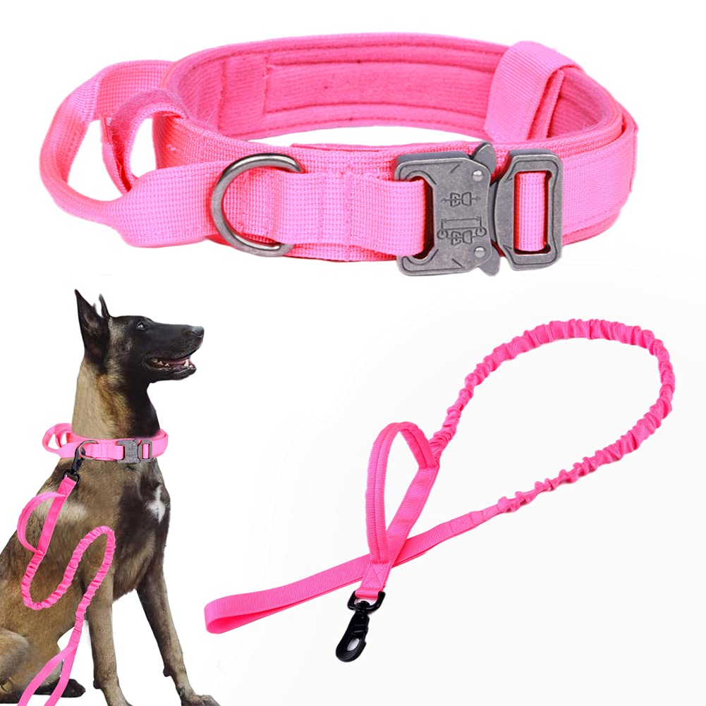 Xqpetlihai Tactical Dog Collar and Leash Set Adjustable Military Nylon Dog Collar with Control Handle and Heavy Duty Metal Buckle for Large Dogs（Pink
