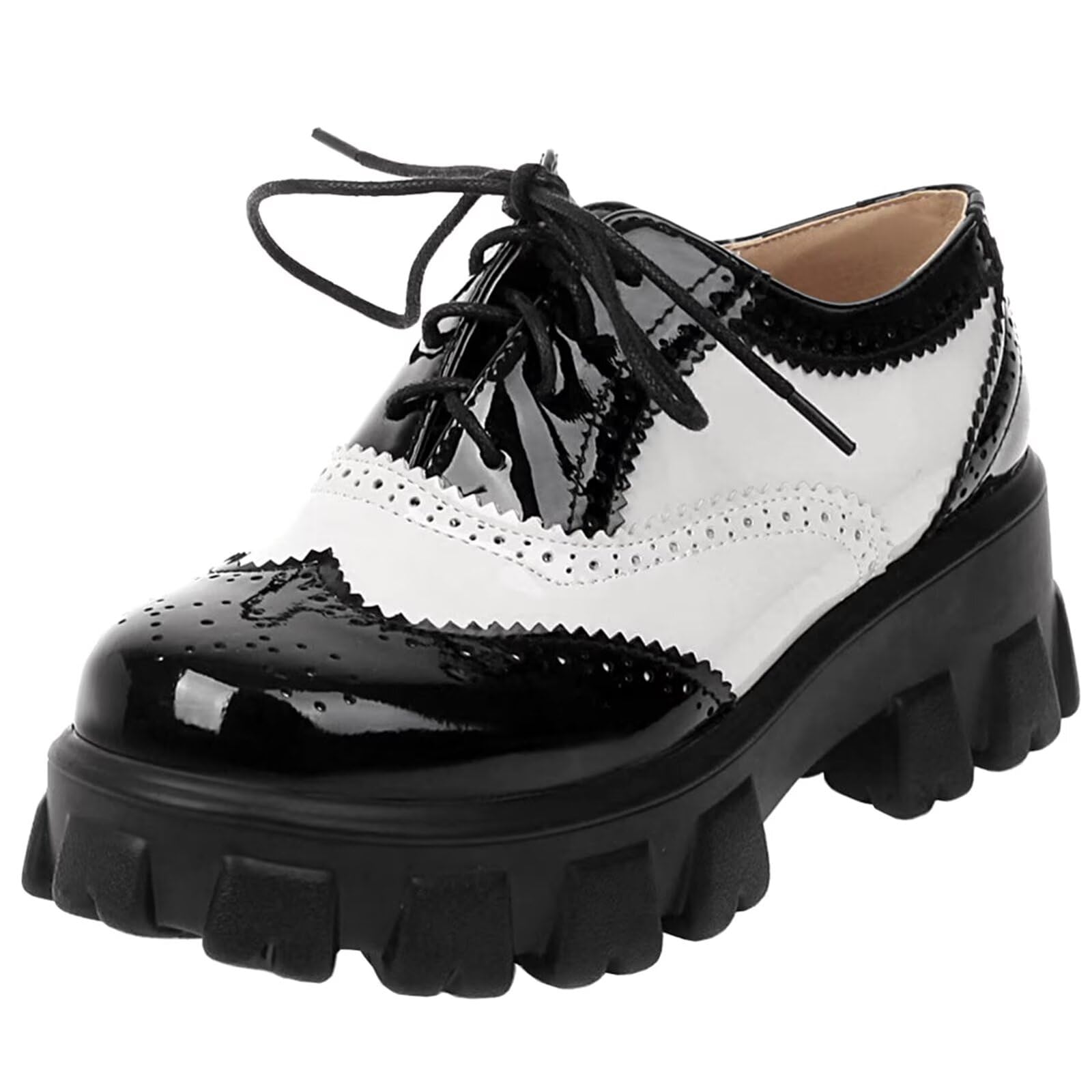 Agodor Womens Lace up Wingtip Oxford Shoes Chunky Heel Platform Vintage Round Toe Brogue Shoes for Women