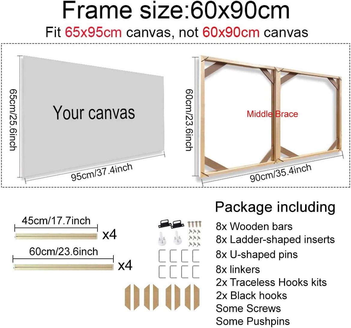 60x90cm DIY Solid Wood Canvas Frame, Canvas Floater Frames for Paint by Number Oil Painting, Diamond Painting, Wall Art, Artwork Accessories