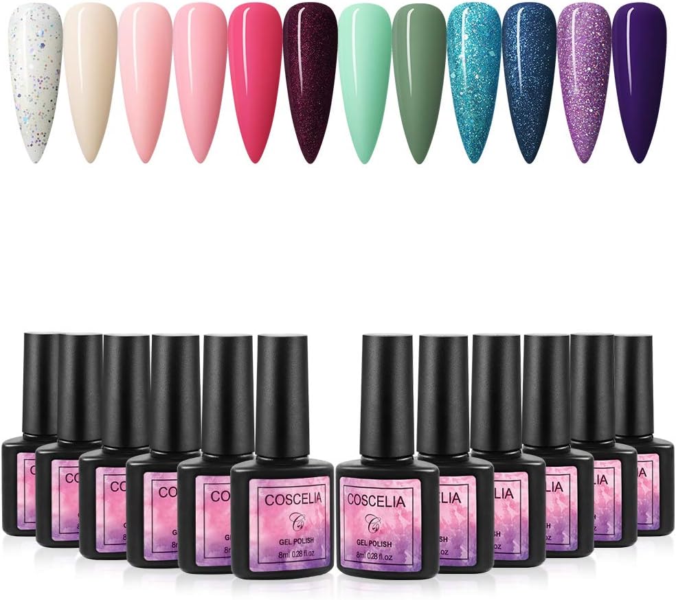 Coscelia Gel Nail Polish Set,12 Colours Nail Polish Soak off Gel Color Pink Green Blue Glitter Nail Gel Polish Set for Nail Art Salon Design Nail Polish Starte Kit