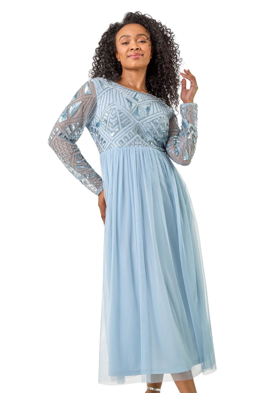 Roman Originals Women's Petite Blue Roman Petite Embellished Mesh Dress For Uk - Everyday Holiday Spring Summer Round Neckline Comfy Soft Evening Vacation Work Party - Size 12