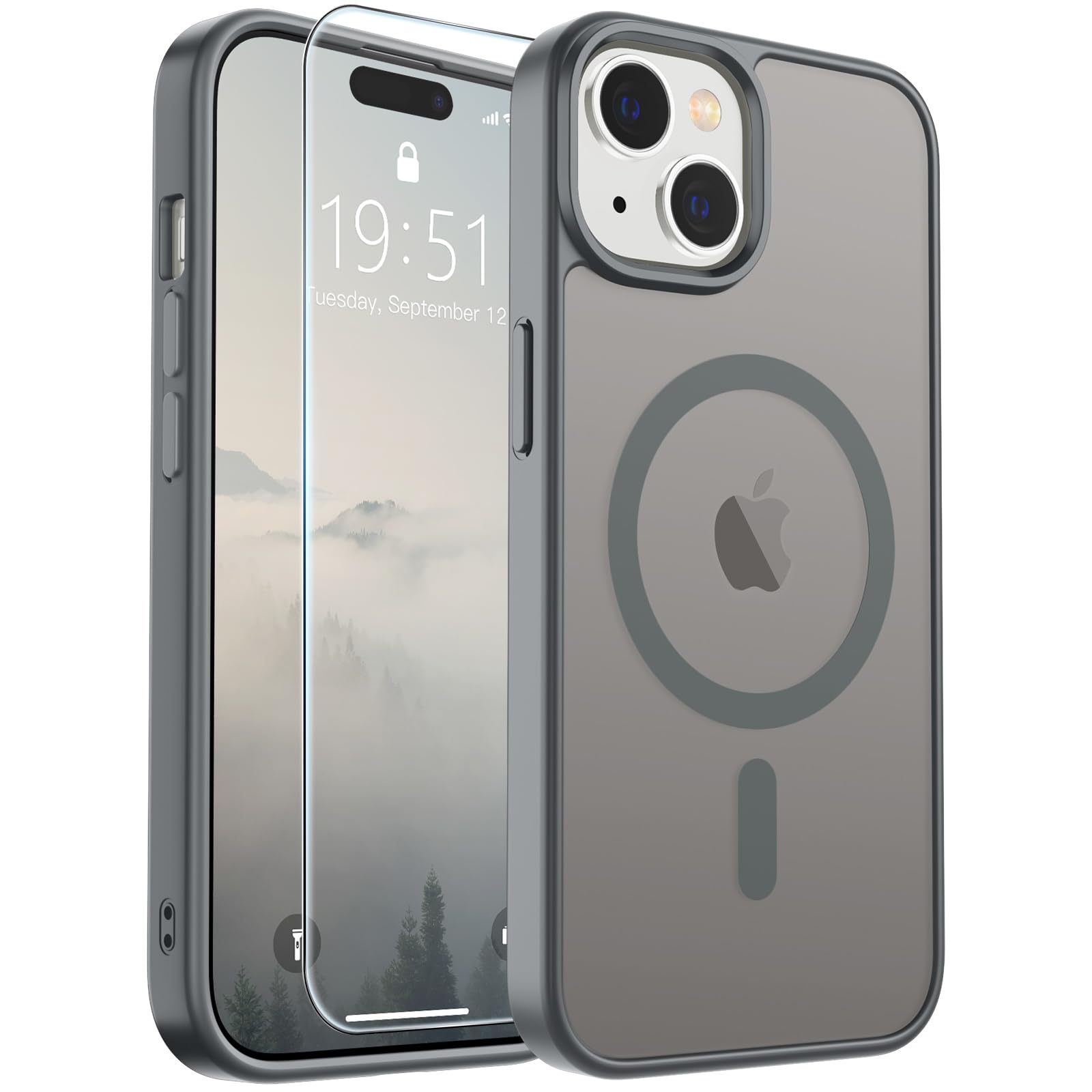 SUPFINE Magnetic for iPhone 15 Case Gray | With Screen Protector, Translucent Matte, Compatible with MagSafe, Military Grade Drop Proof, Rugged Shockproof Protective