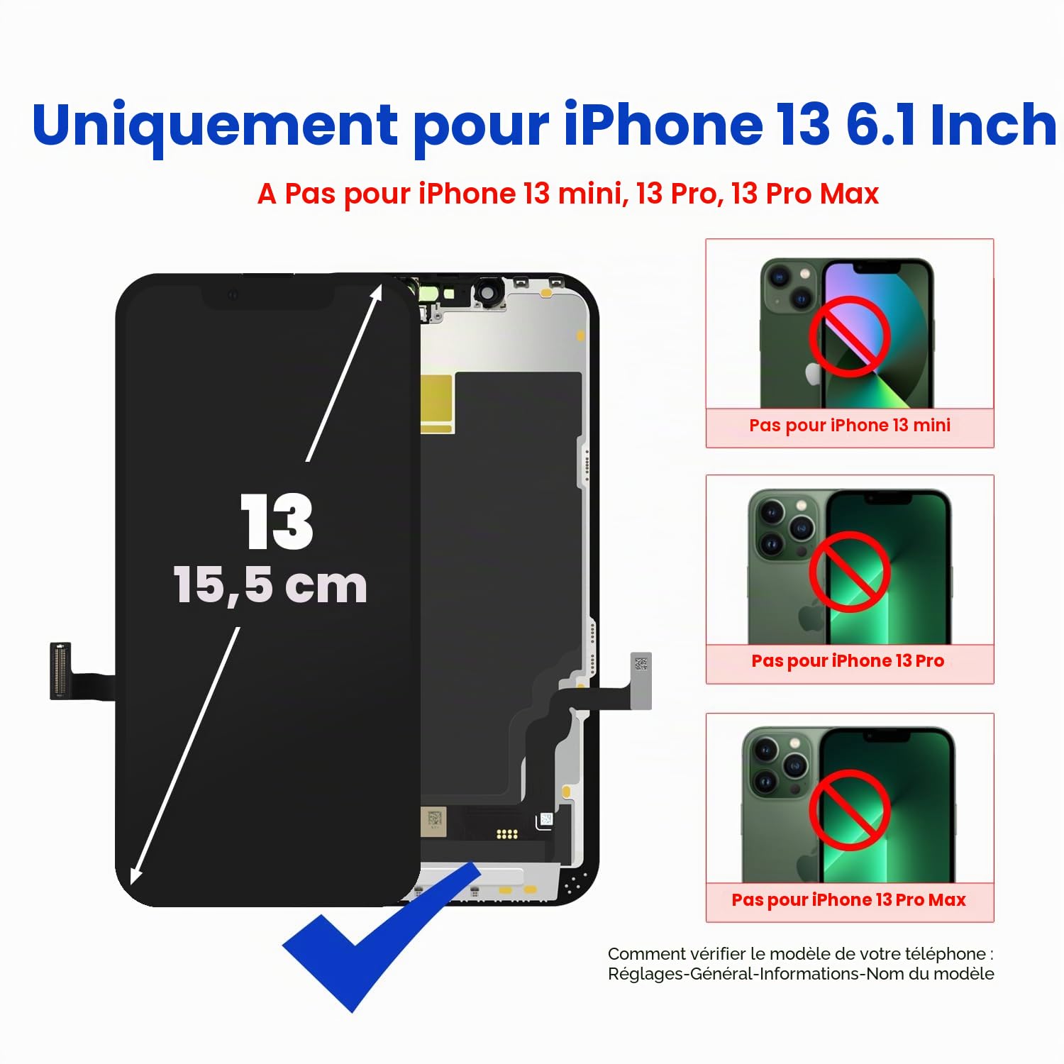 Écran pour iPhone 13-6.1 Pouce HD Kit Réparation Écran LCD DIY, Entièrement Compatible avec Face ID, Couleurs Vives, Haute Définition, Livré avec Les Outils d'Installation