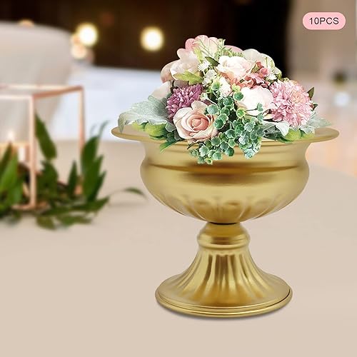 Miniatura 10 de 10 macetas de metal dorado de 4.7 pulgadas de metal para mesa de boda, arreglo floral, jarrón de trompeta de compota para fiesta, cumpleaños,