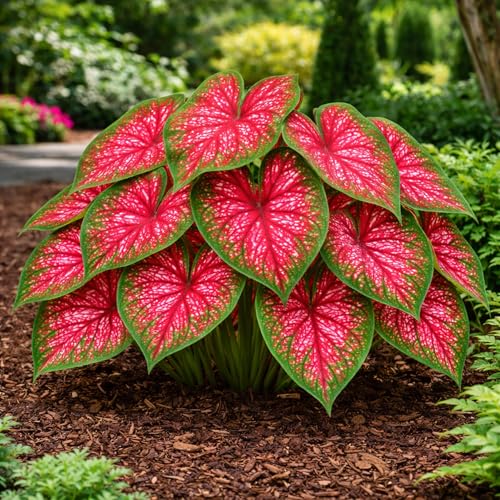 6 Red Alert Caladium Bulbs for Planting Bright Red and Green Spotted Leaves Tropical Foliage Plant for Shade Garden Containers Patio Beds Elephant Ear Style (6 Bulbs)