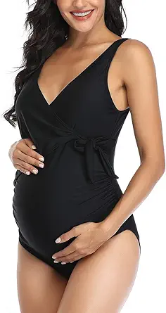 Summer Mae Maternity Swimsuit One Piece Tie Front Bathing Suit V Neck Pregnancy Swimwear High Cut