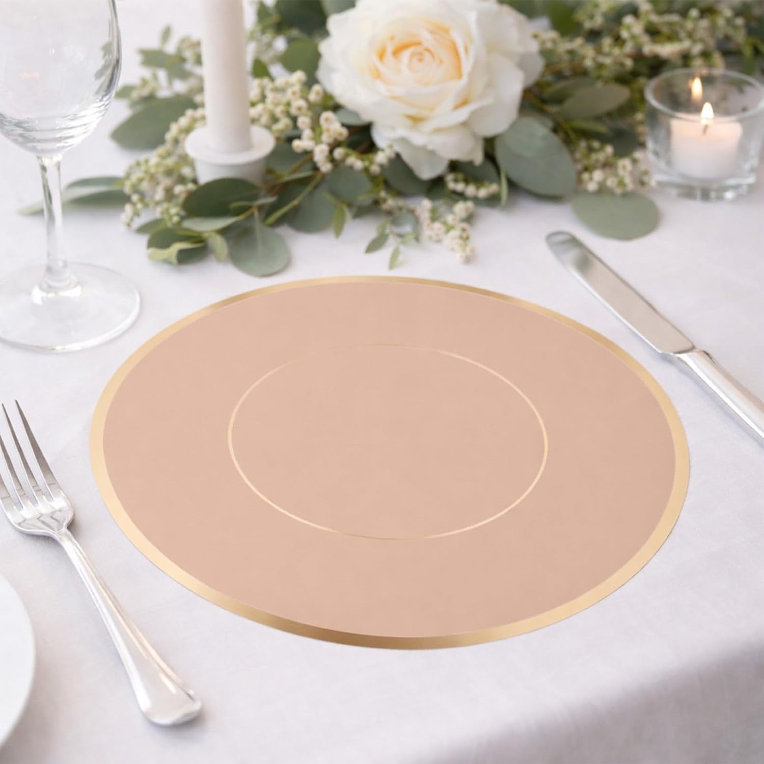 Efavormart 50 Pack Disposable Table Placemats 13" Round Dusty Rose with Gold Rim – Cardboard Charger Plates for Elegant Table Settings, 128 GSM