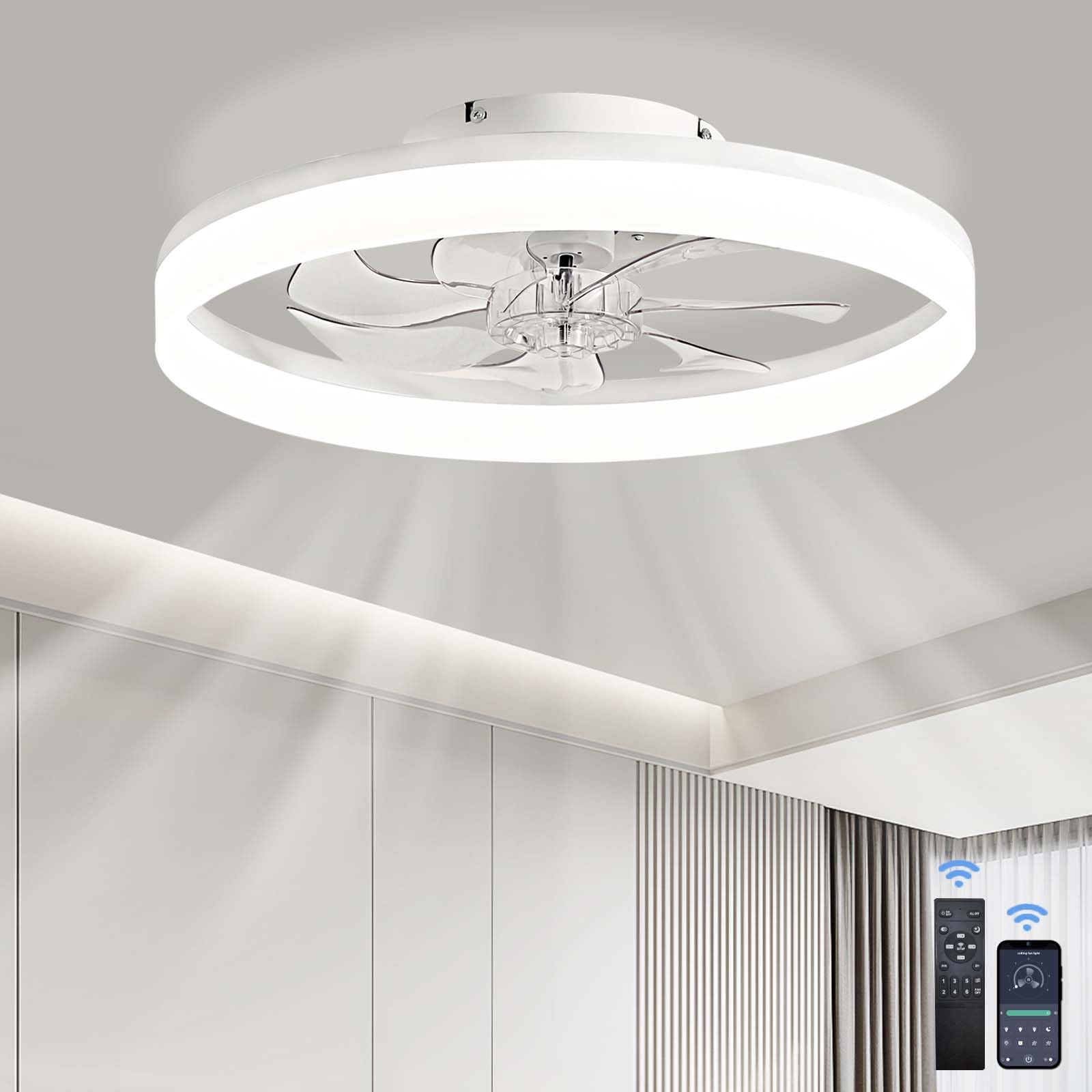 HXYSXHJUO Ceiling Fans with Lights Remote and App, Lamps,6 Speeds, Stepless Color Temperature, Reversible DC Motor, Quiet Fan for Bedroom Living Room-White||50cm