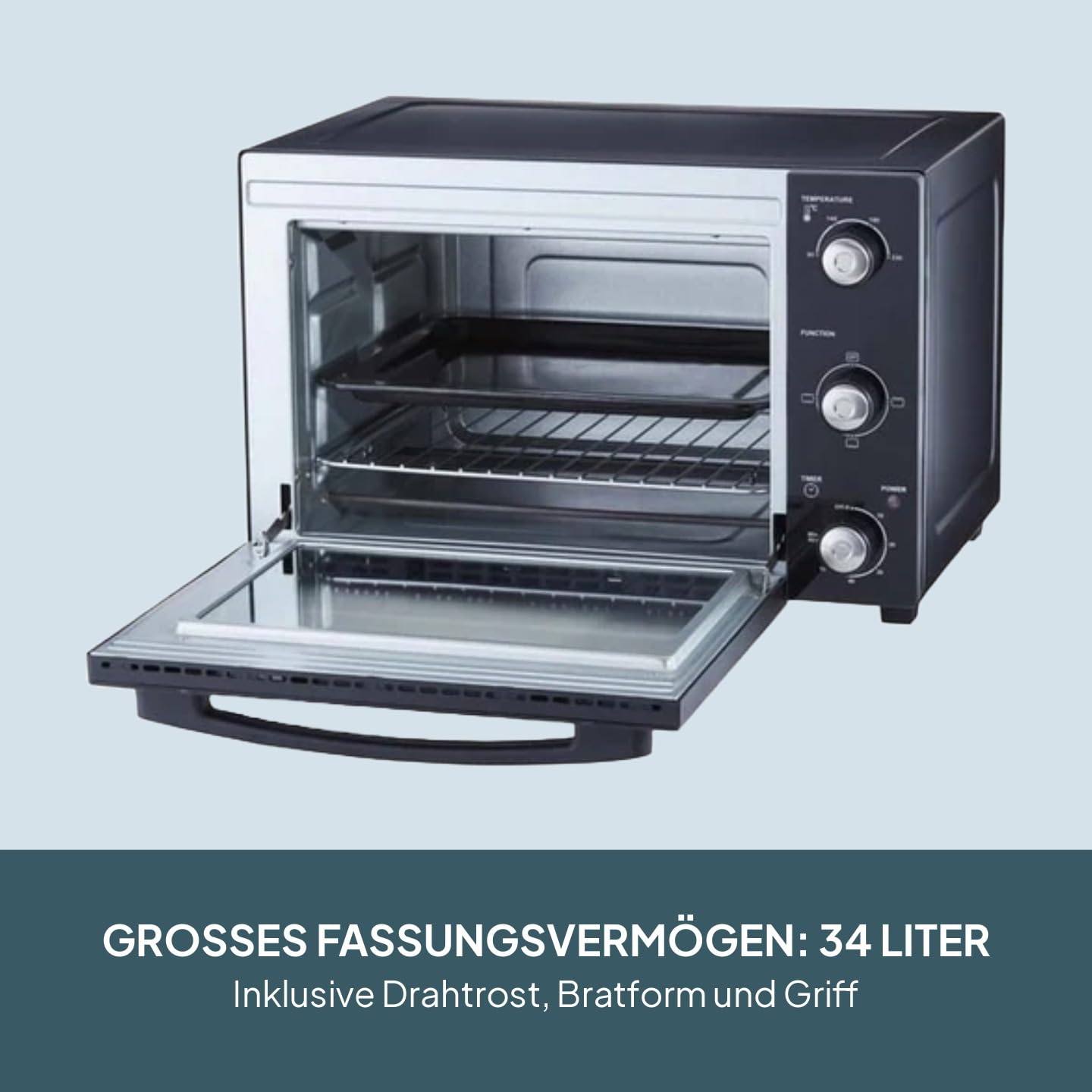 Cooks Professional Mini-Backofen | Elektrischer Multifunktions-Tischbackofen | 34 l Fassungsvermögen | 1500 W | Inkl. Bratpfanne & Gitterrost | Schwarz und Silber
