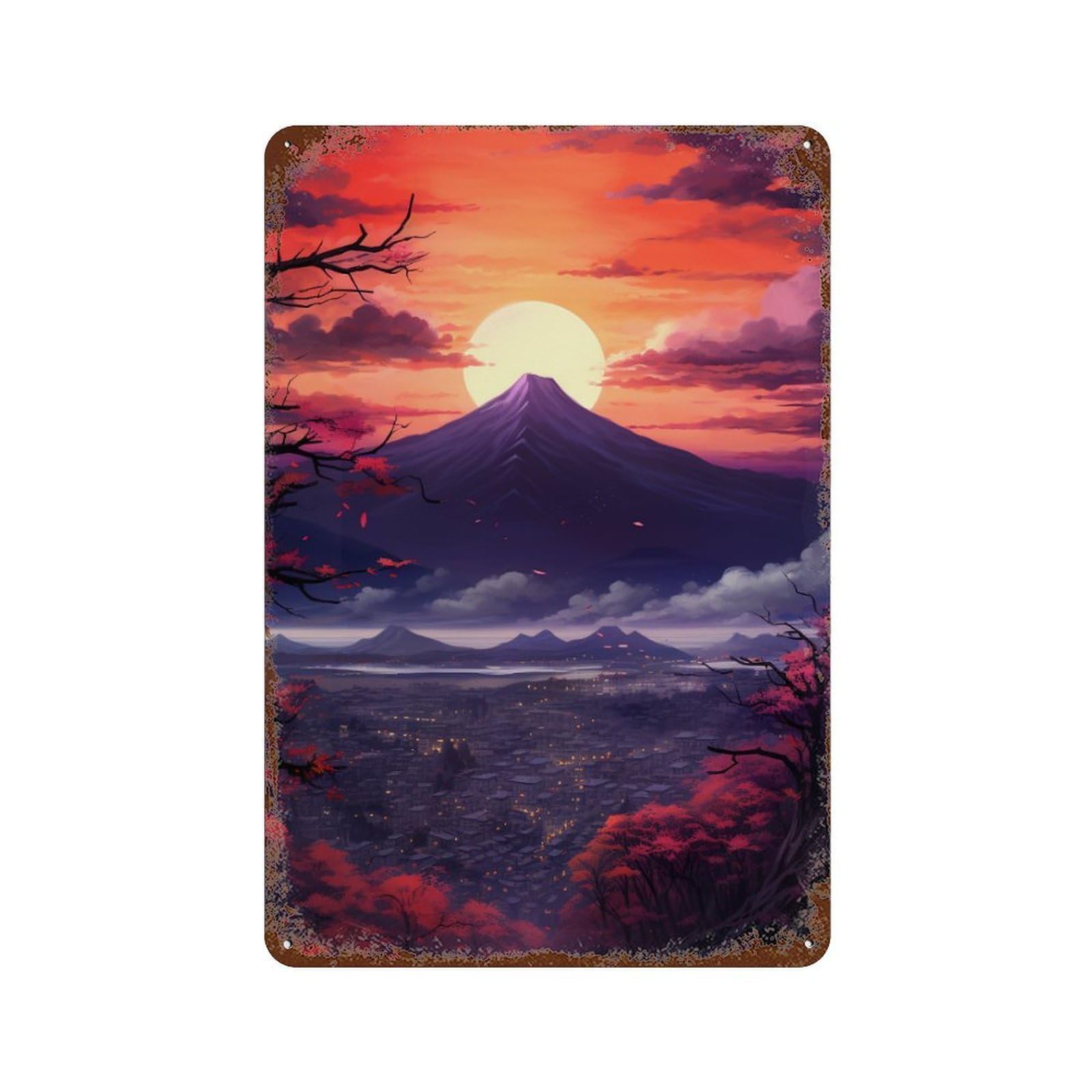 Rusty Metal Tin Sign with Mount Fuji Sunset Cityscape Design 11.8"x7.9", for Farmhouse, Kitchen And Entryway Decor, Classic Wall Plaque