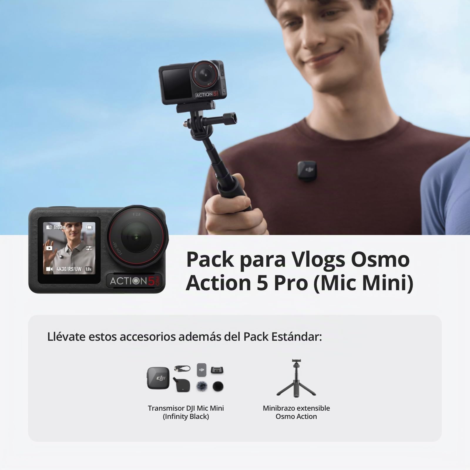 DJI Pack Estándar Osmo Action 5 Pro + Mic Mini Transmisor (Infinity Black) + Minibrazo Extensible Osmo Action, cámara Sumergible, Sensor 1/1.3", vídeo 4K/120 fps, Seguimiento de Objetivos