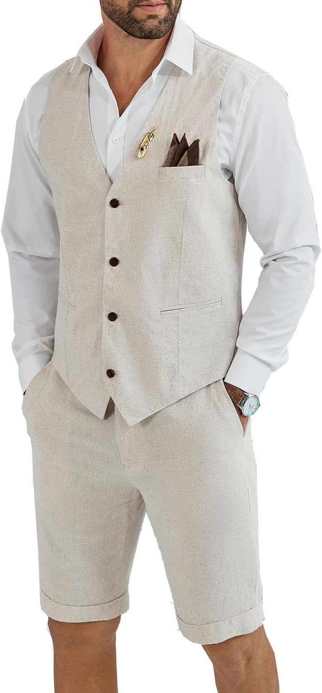 Men's Linen 2 Piece Suit Slim Fit Wedding Groom Groomsmen Summer Vest Shorts Set
