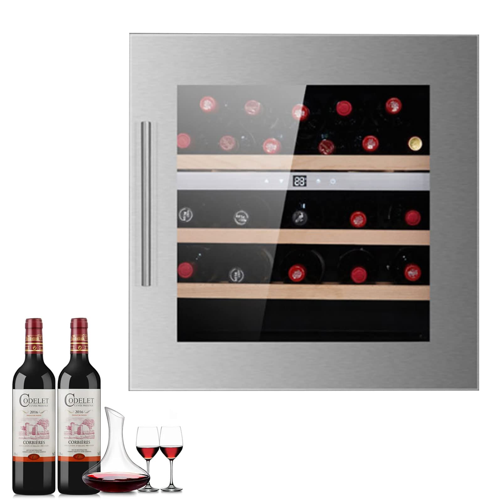 0℃ Outdoor Nevera para Vinos, Vinoteca para Bebidas, Empotrable, Puerta Acristalada, Pantalla LCD, Luz Interior LED, 30 Botella, Panel de Control Táctil, 72 L,Plata,Single Temperature