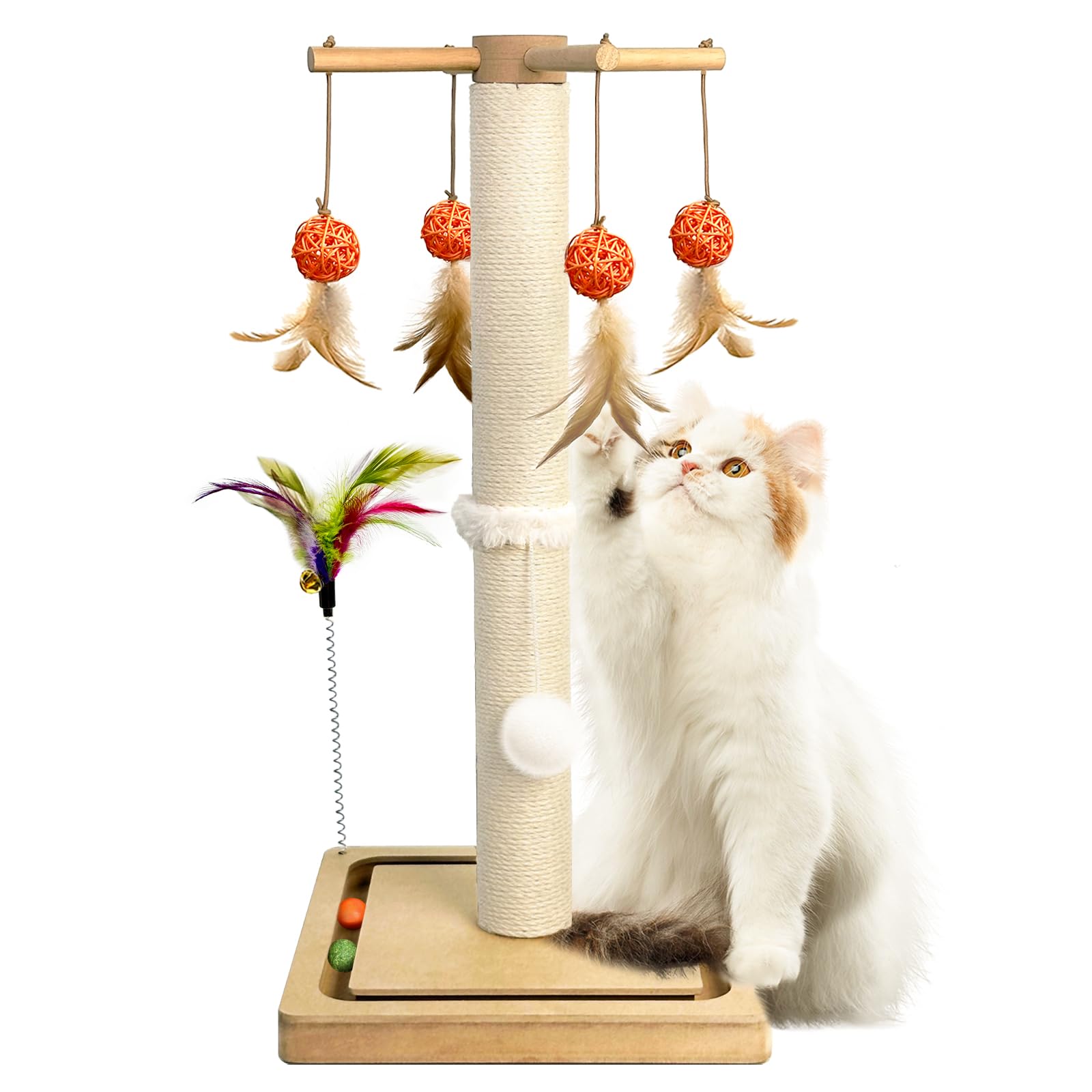 Cat Scratching Post, Sisal, Scratcher Tree Tower for Indoor Cats Adults with Hanging and Ball Track, 2 Mounting Methods Interactive Furniture Toys for Kitten, 25 Inches