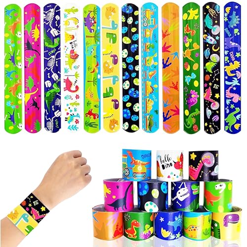 Image of PARTEET (12 PCS Dinosaur Theme Slap Bands for Kids|Colorful Dino Theme Slap Bracelets, Snap Wristband, Scale Band|Party Favours & Return Gifts for Boys & Girls | Birthday Return Gifts For Kids