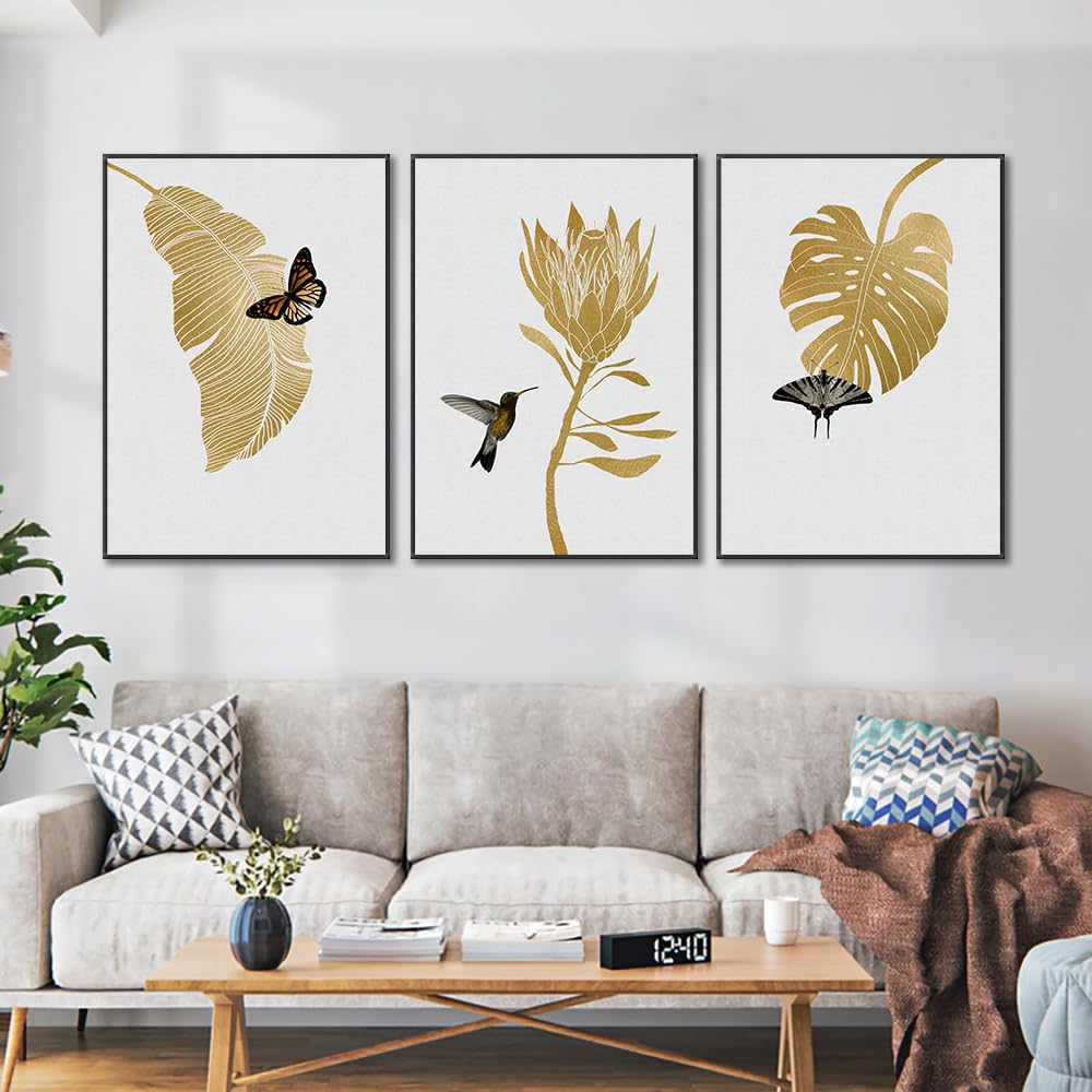 WBYZAC Art Prints-Abstract Gold Leaves With Butterflies Painting Modern Nordic Canvas Prints and Posters Wall Art for Living Bedroom Kitchen Room Decor-50 * 60cm*3PCS (No Frame)