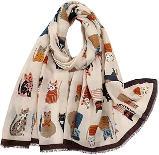 GISHIKI Cat Print Scarf, Lightweight Cotton and Silk Blend, Beige with Brown Border, One Size, gift for cat lovers, Catlad... Price In India