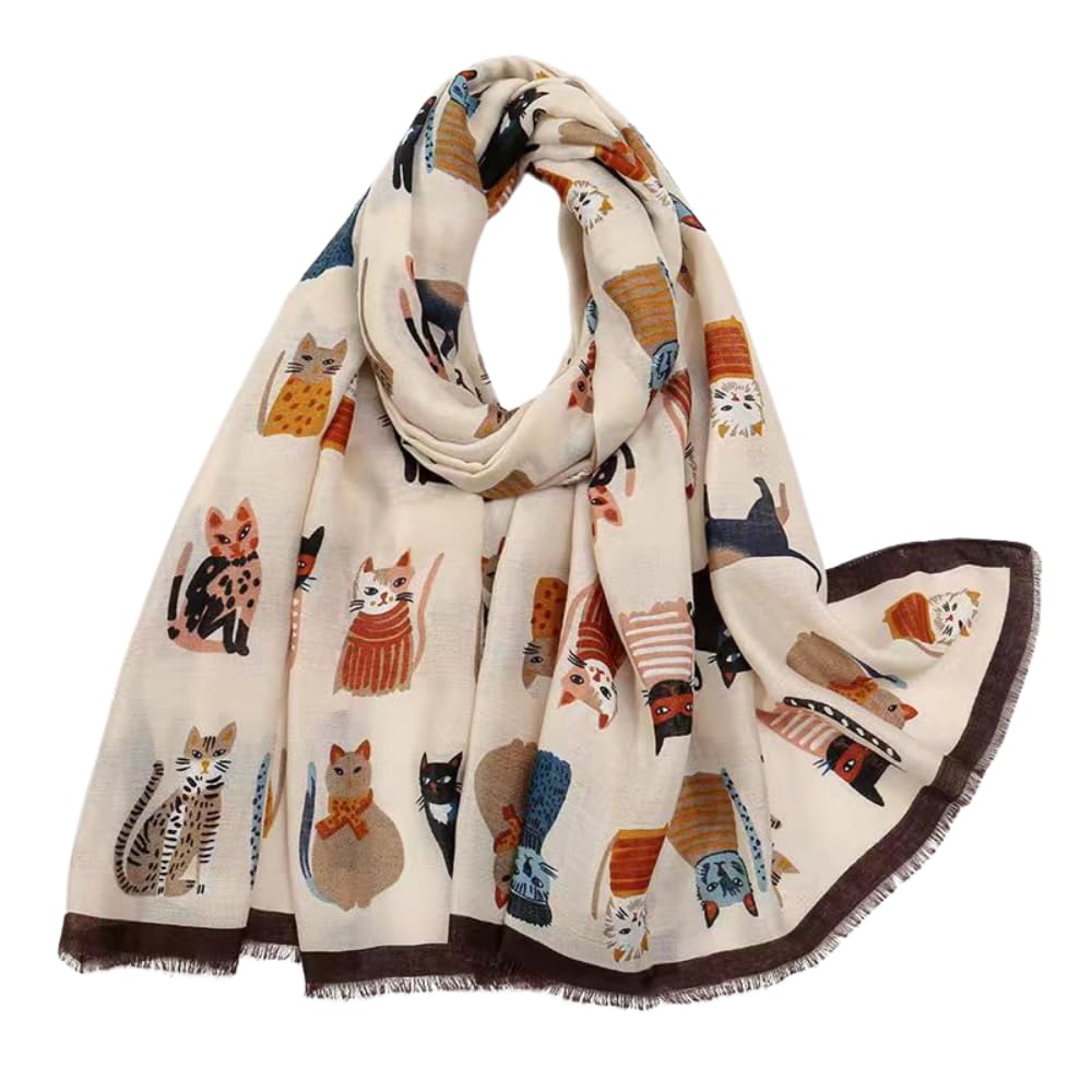 GISHIKI Cat Print Scarf, Lightweight Cotton and Silk Blend, Beige with Brown Border, One Size, gift for cat lovers, Catlad... - Review, Price and Buying Guide