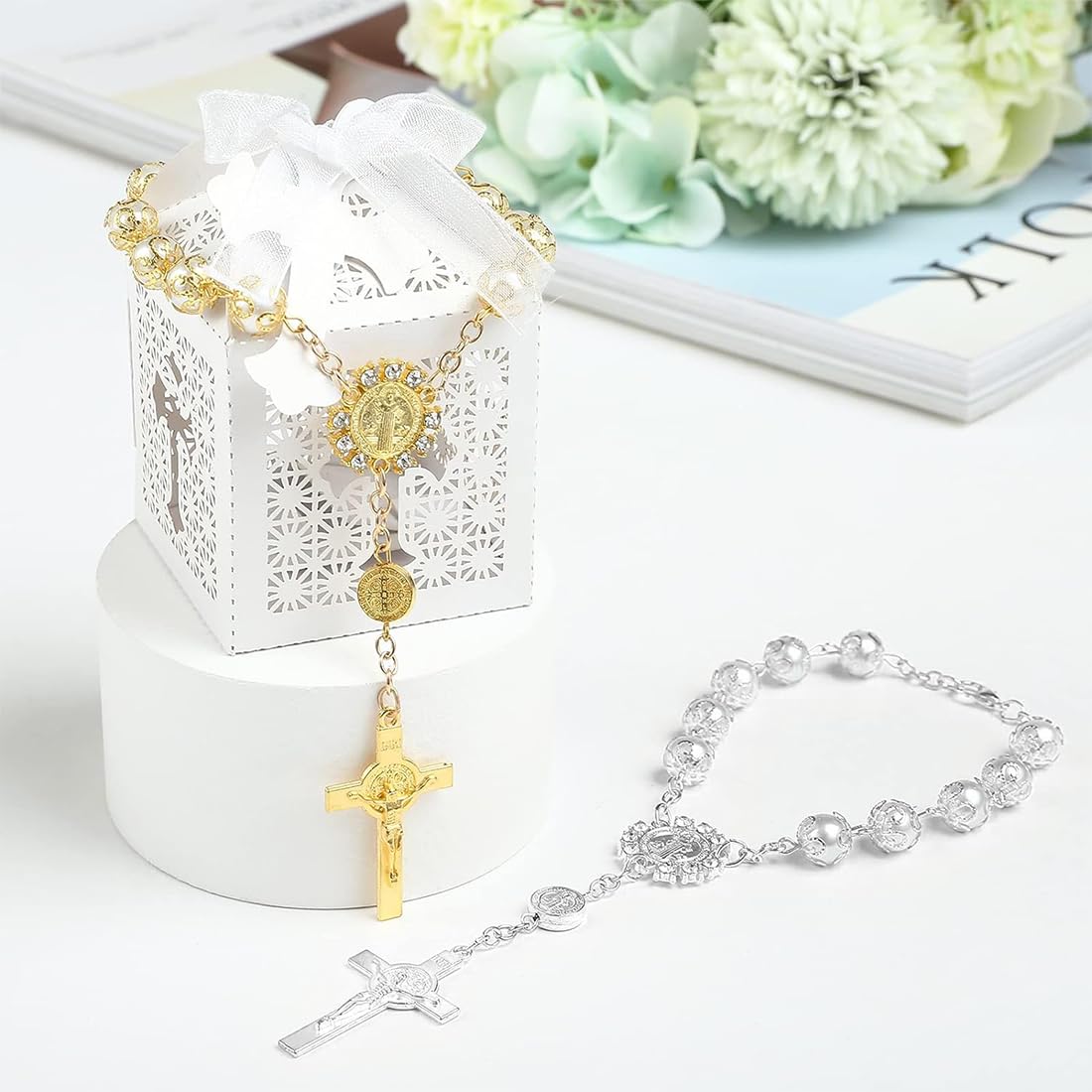 Rosario Per Auto Con Croce | 2 Pezzi Per Specchietto Retrovisore | Decorazione Interni Nero - Foto 3