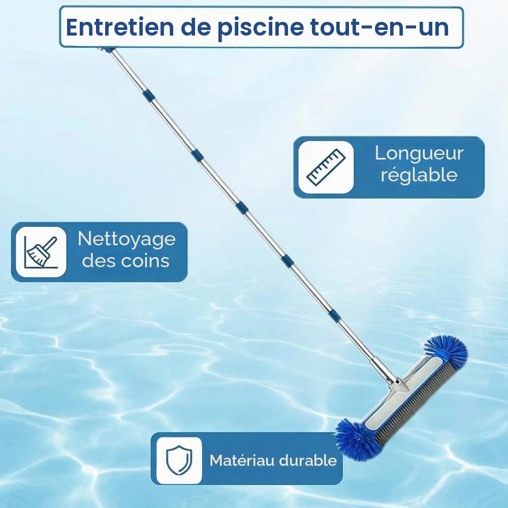 Balai de Piscine avec Tige en Acier Inoxydable réglable en Longueur 230 cm, Balai Piscine Brosse 45 cm，avec Perche Amovible avec Tige en Acier Inoxydable réglable en Longueur