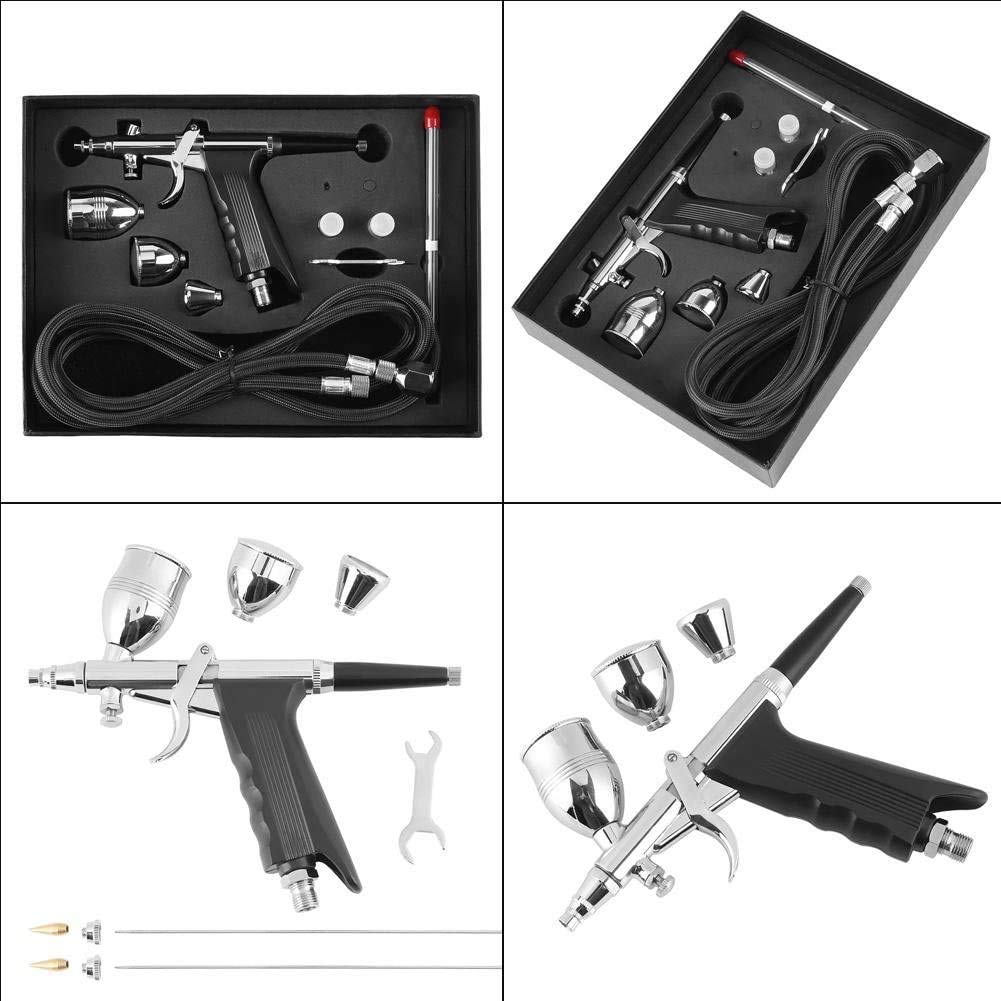 Airbrush Set, Dual Action Mini Air Kompressor Airbrush Kit mit 3 Düsen-Sets 0,3/0,5/0,8 mm und 3-teiligen Bechern, für Farbmodelle Lederbekleidung Auto